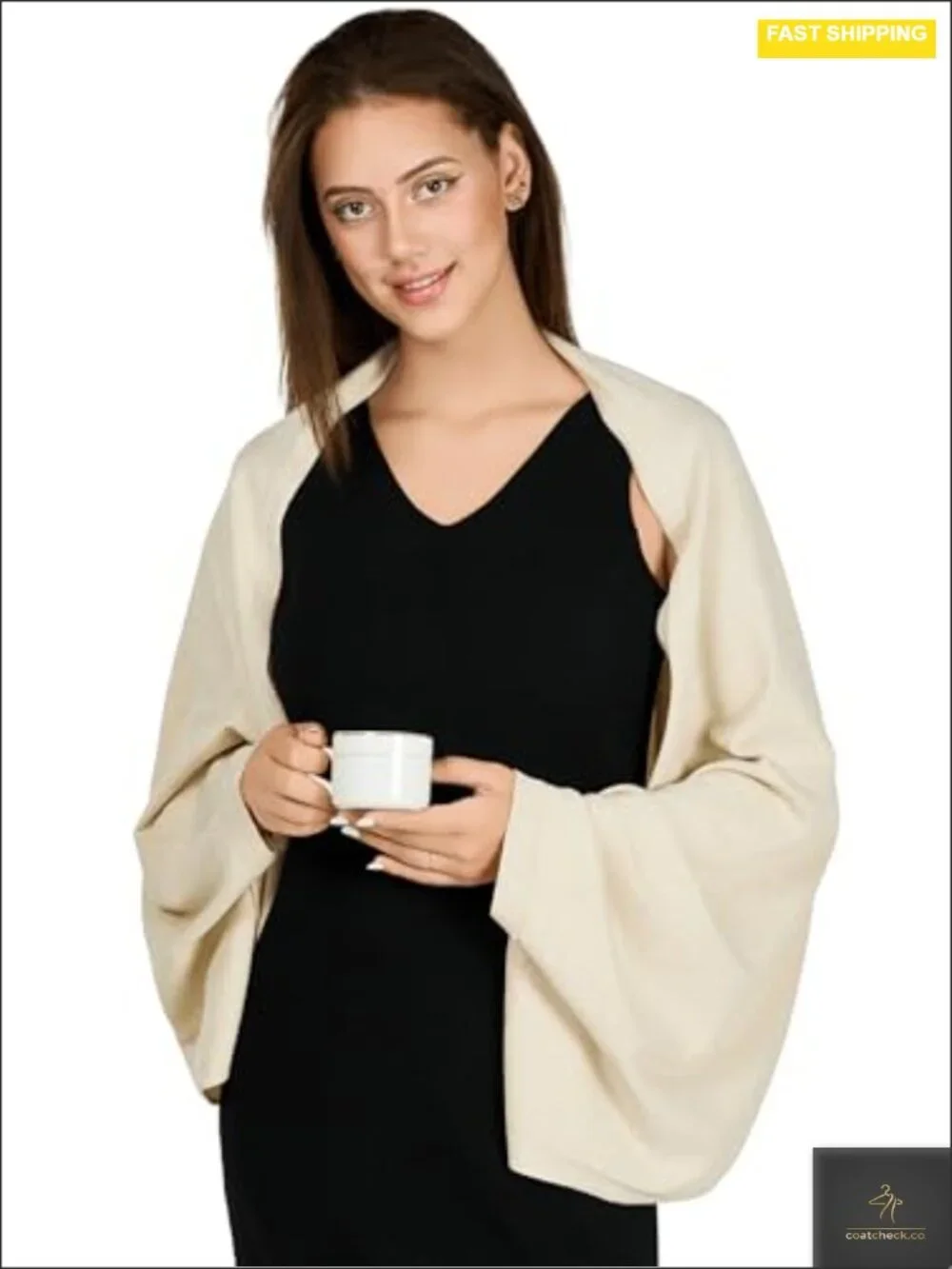 Knitted Shawl Wrap with Sleeves for Women, Soft Viscose Blend, 57 Inch, Machine